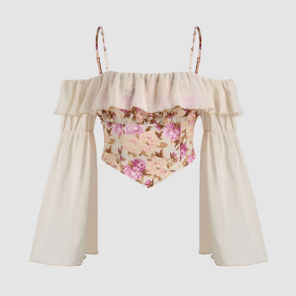 Floral bell sleeve corset blouse